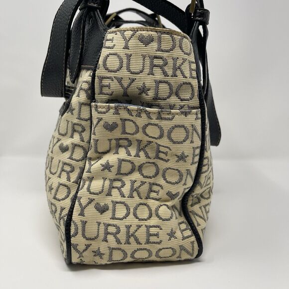 Dooney Bourke Tote Bag Tan Canvas  Black Lettering Leather Handbag Adjustable - Picture 3 of 14